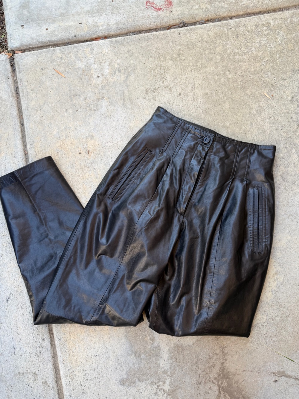 90s Toffs Black Genuine Leather Pants High Waisted Pleated Tapered